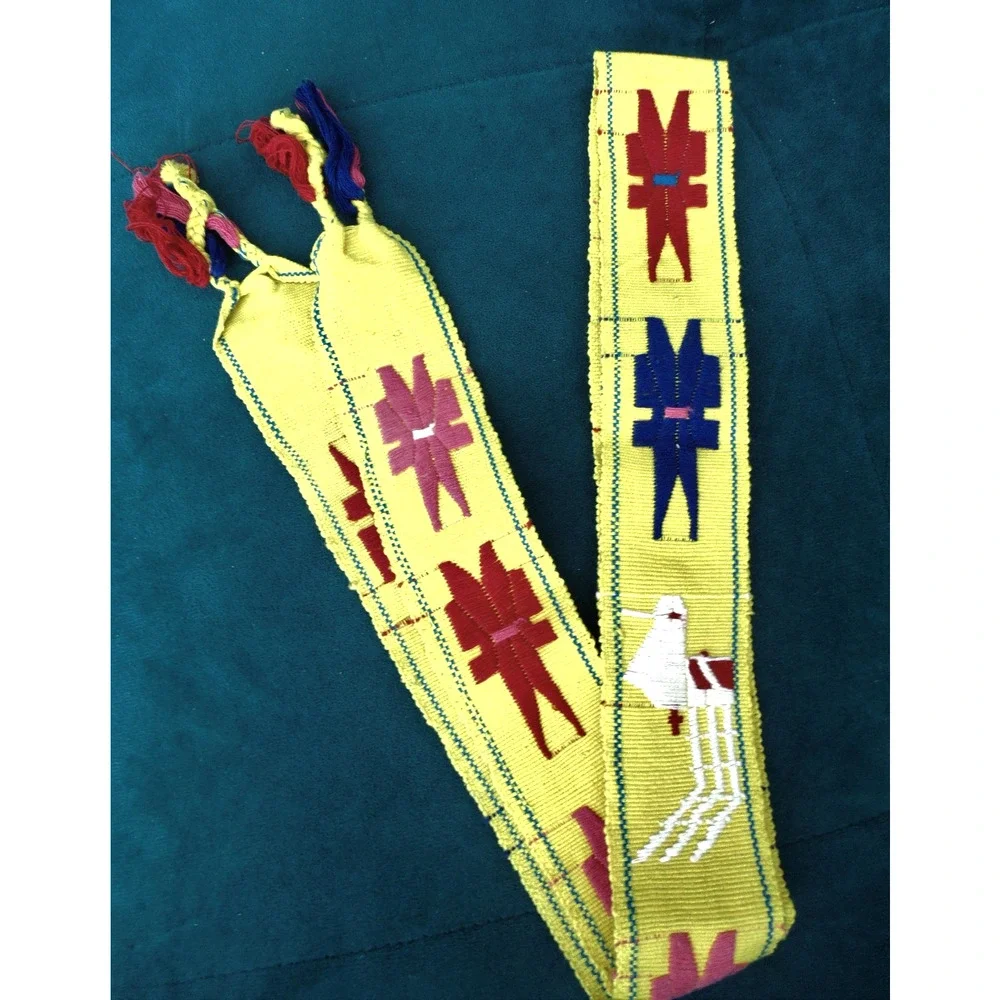 Vtg Guatemalan Faja Sash Belt Hand-Woven Embroidery Birds Stars Boho Folk Art